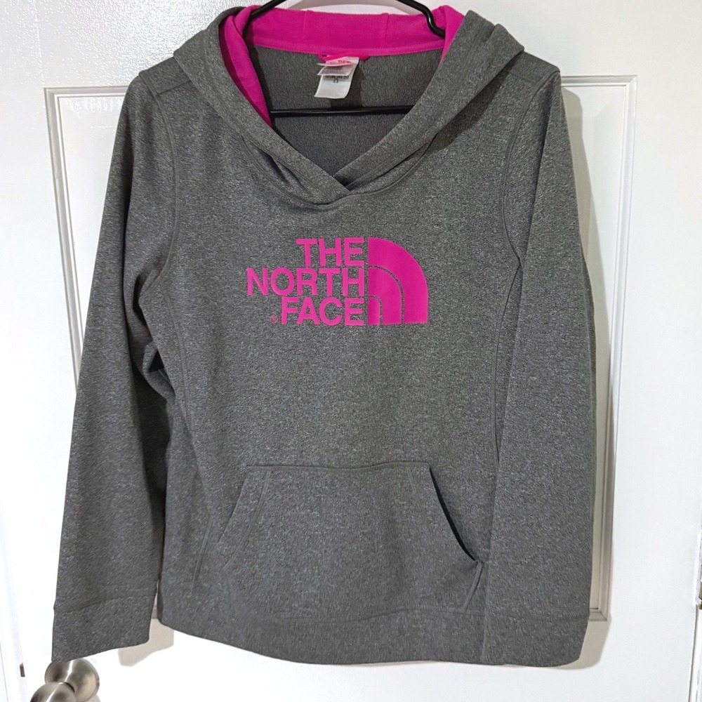 The North Face Womens Pullover Hoodie Gray Pink Logo Sweatshirt Size Medium